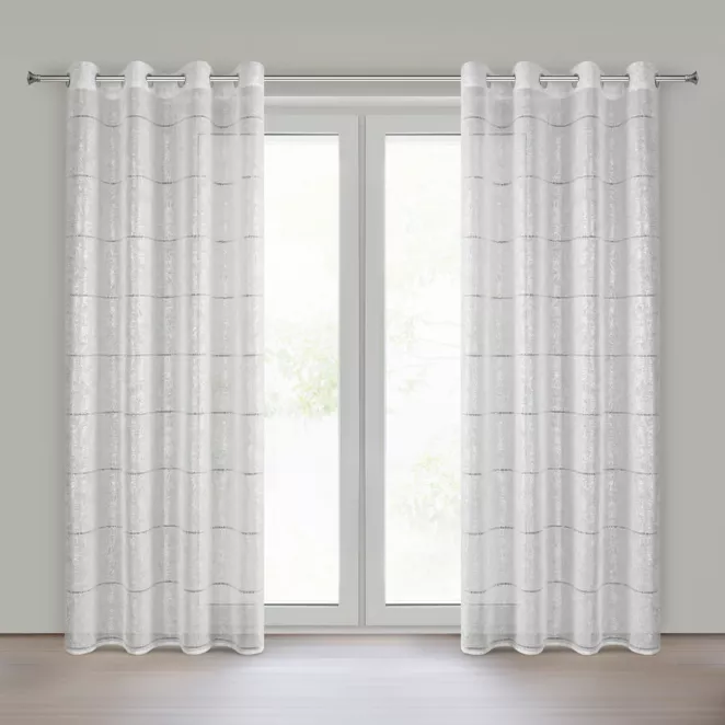 Firana biało, srebrna zdobiona ażurowymi paskami i roślinnym nadrukiem 140x250 cm przelotka - KATY - Eurofirany