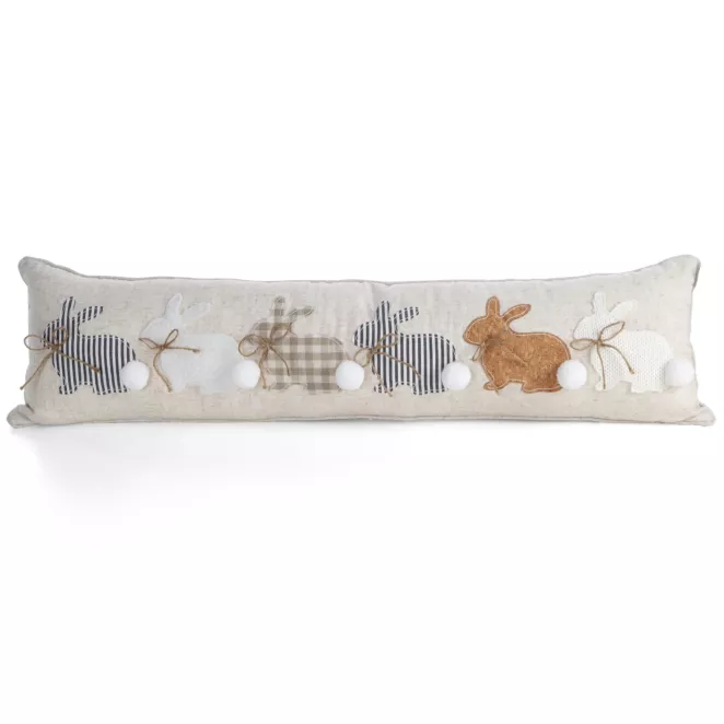 Poduszka z wypełnieniem 20x90 cm z dodatkiem lnu beżowo, biała zdobiona aplikacją zajączków WIOSNA 153 Eurofirany