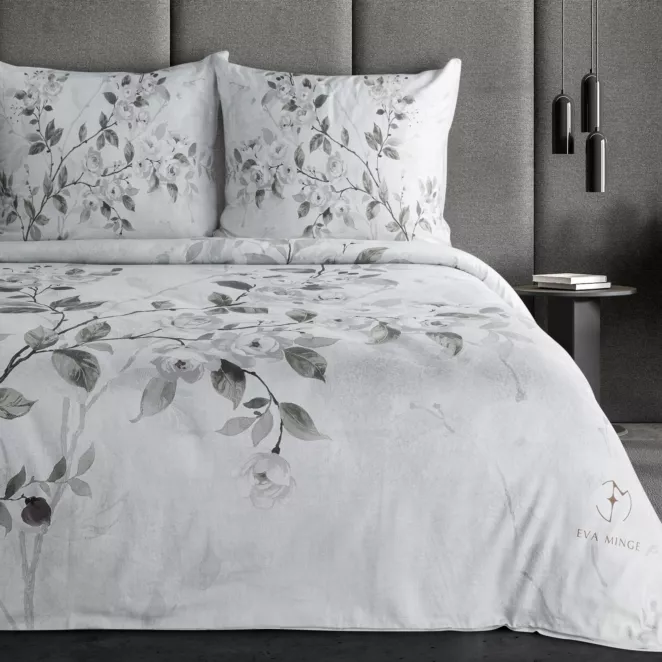 Pościel 220x200 cm komplet 3 częściowy  z makosatyny bawełnianej kolor  jasnoszary, jasnoróżowy z designerskim roślinnym nadrukiem  ELIZA Eva Minge Eurofirany