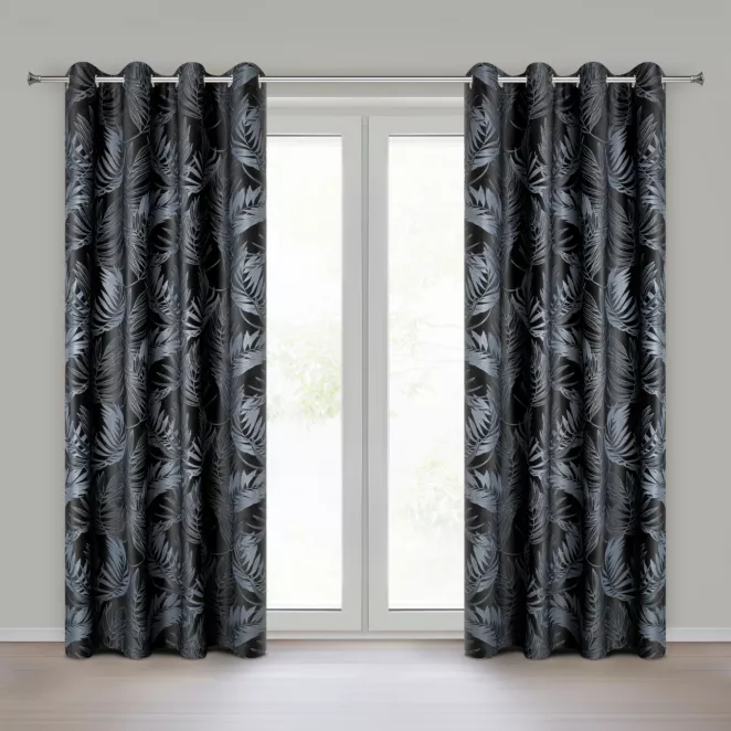 Zasłona czarna z welwetowej tkaniny z motywem roślinnym 140x250 cm - VERA Eurofirany