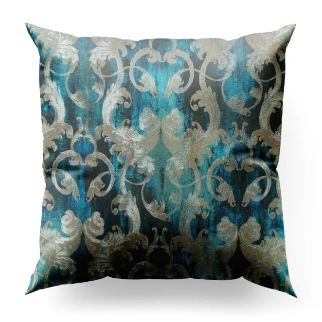 Poszewka szyta ciemnoturkusowo srebrna z miękkiej tkaniny w elegancki ornamentowy wzór