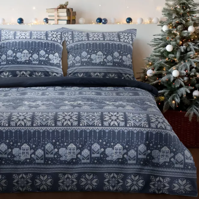 Pościel świąteczna 140x200 cm bawełna flanelowa kolor granatowy, biały z subtelnym nadrukiem FJORD Eurofirany