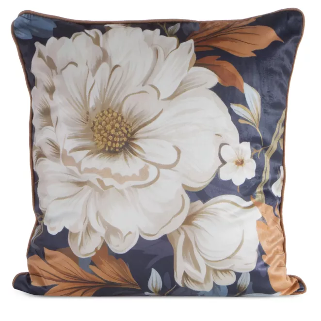 Poszewka na poduszkę 45x45 cm welwetowa granatowo, kremowa z nadrukiem kwiatów FLORA 2