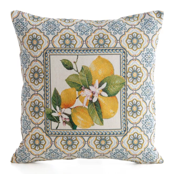 Poszewka na poduszkę 45x45 cm bawełniana, gobelinowa w modnym włoskim stylu w cytryny żółto, naturalna GOB Eurofirany
