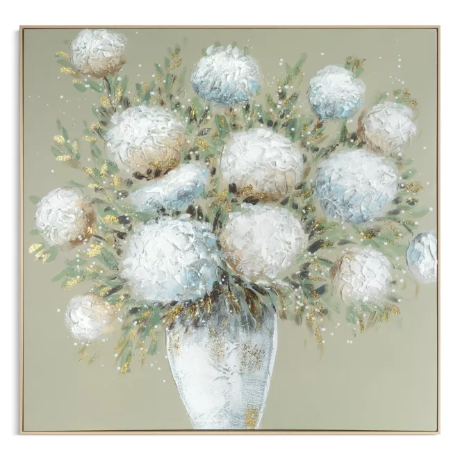 Obraz kremowo, beżowy ręcznie malowany z motywem kwiatów oprawiony w ramę 102x102 cm Eurofirany