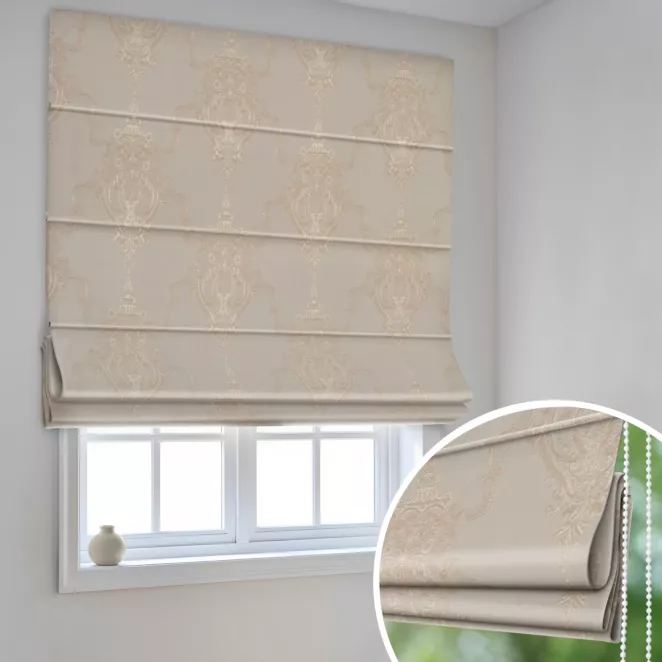 Roleta rzymska jasnobeżowa z eleganckiej tkaniny w duży ornamentowy wzór