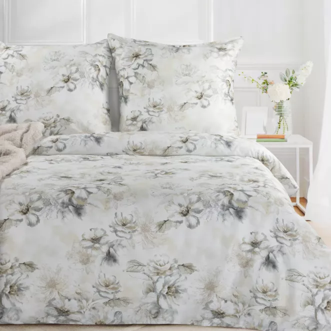 Pościel 160x200 cm satyna bawełniana kolor jasnobeżowy, jasnoszary z wzorem roślinnym SPRING 73 Eurofirany
