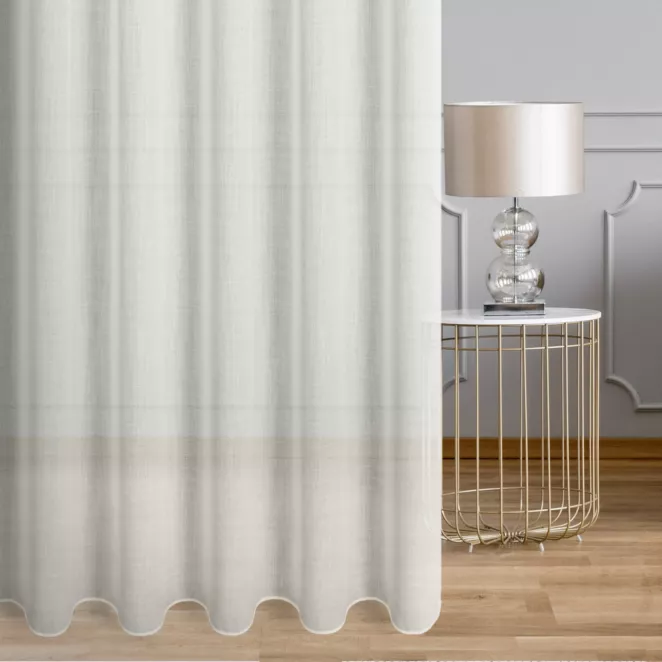 Firana szyta na flexach kremowa z delikatnej matowej etaminy o niestandardowej wysokości 360cm, wykończona obciążnikiem