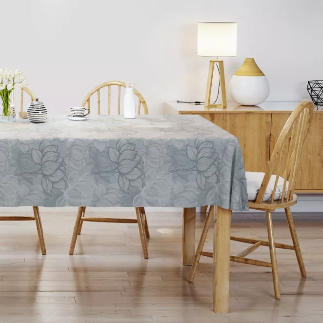 Obrus szyty jasnoszary z miękkiej tkaniny o naturalnym splocie z kwiatowym wzorem