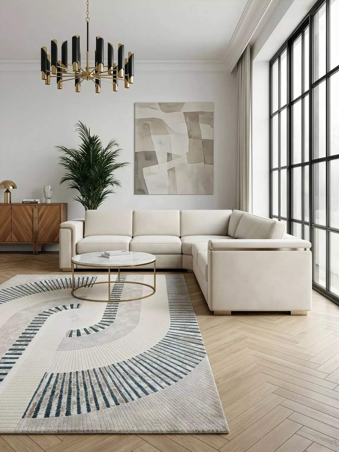 Dywan 120x170 cm kremowo, niebieski z modernistycznym, łukowym wzorem CRYSTAL3 Eurofirany