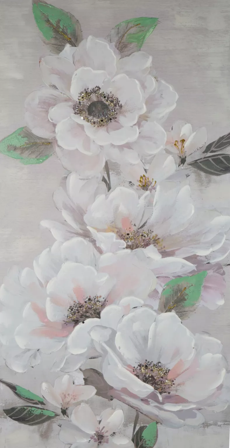 Obraz roślinny beżowo, zielony malowany ręcznie na płótnie 60x120 cm FLOWERY