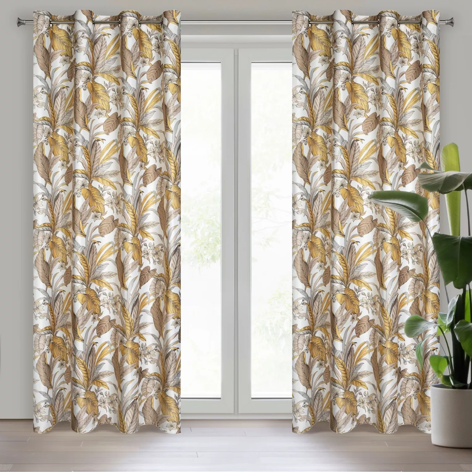 Zasłona beżowo, biała z wzorem egzotycznych liści 140x250 przelotka BARI z Design 91 Eurofirany