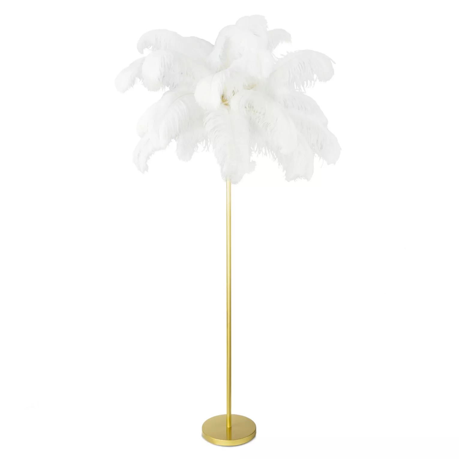 Lampa stojąca do salonu biało, złota na metalowej podstawie z efektownym abażurem z naturalnych strusich piór  95 x 95 x 180 cm FERI  Eurofirany