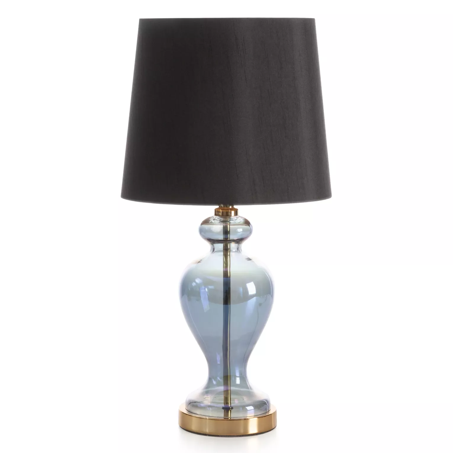 Lampa stołowa do pokoju czarno, złota EMILIO na podstawie z przezroczystego szkła z abażurem z matowej tkaniny 27x61 cm EMILIO Eurofirany