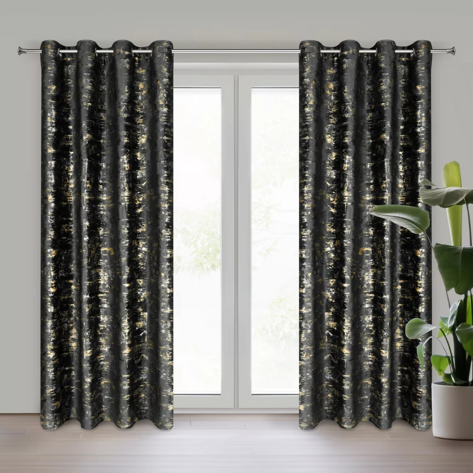 Zasłona czarno, złocista zdobiona marmurkowym wzorem, welwetowa 140x250 cm przelotka TAMI Eurofirany