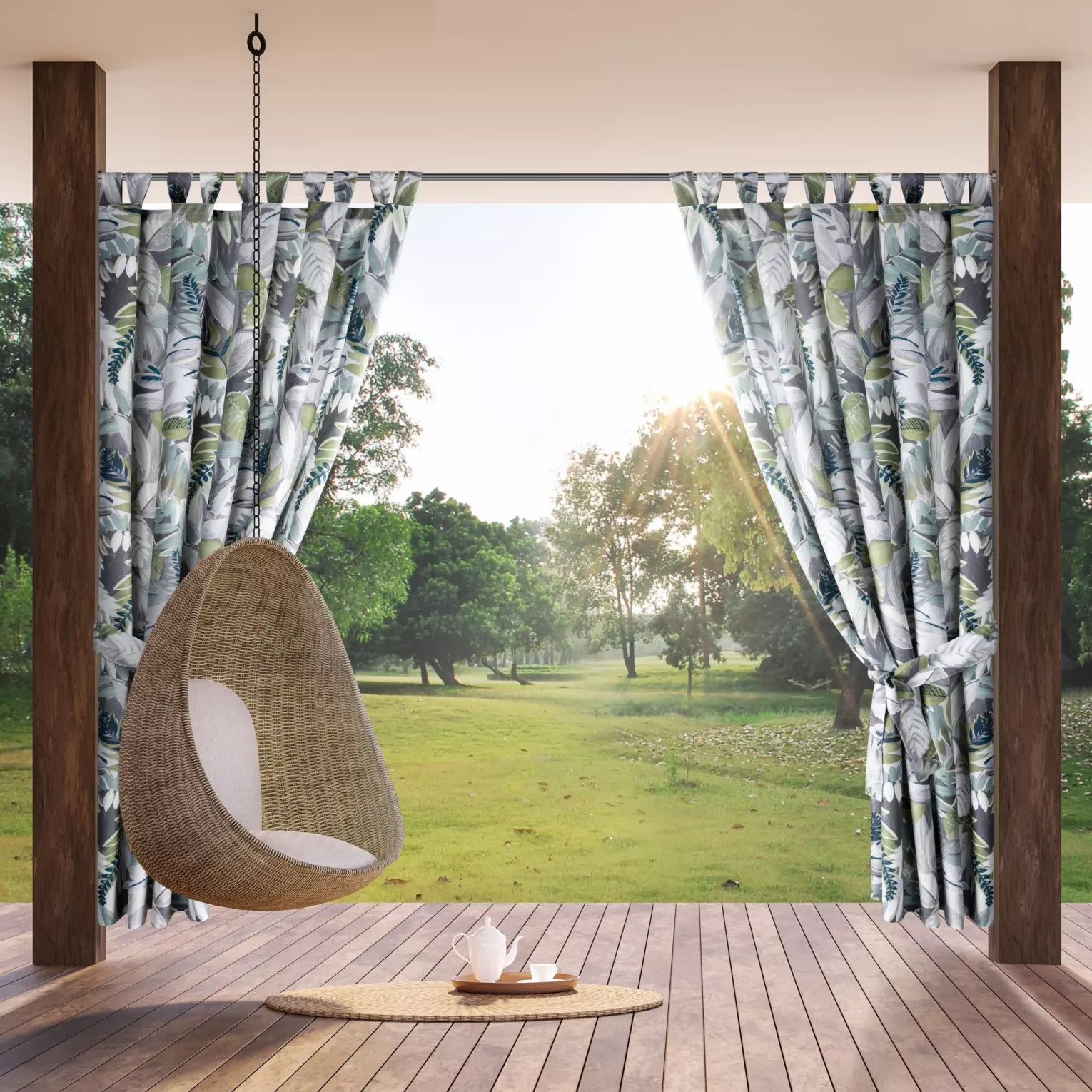 Zasłona zielono, szara z wodoodpornej tkaniny idealna do ogrodu i na taras 155x240 cm szelki/rzep GARDEN Eurofirany