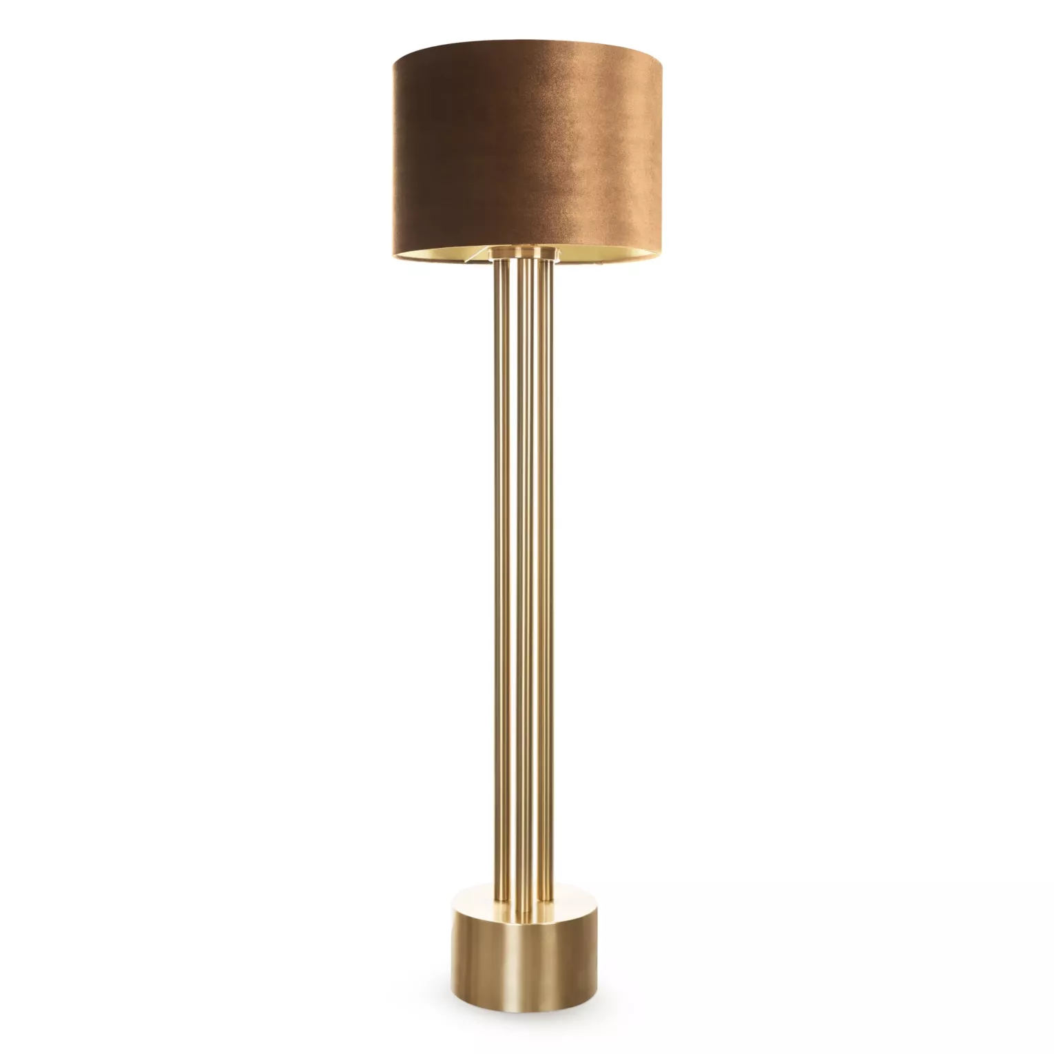 Lampa stojąca brązowo, złota PERI o minimalistycznej podstawie i welwetowym abażurem Eurofirany