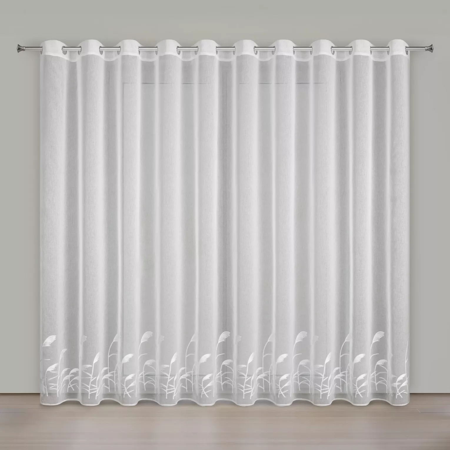 Firana biała z etaminy zdobiona haftem w źdźbła ozdobnej trawy 400x250 cm przelotka - TASHA Eurofirany
