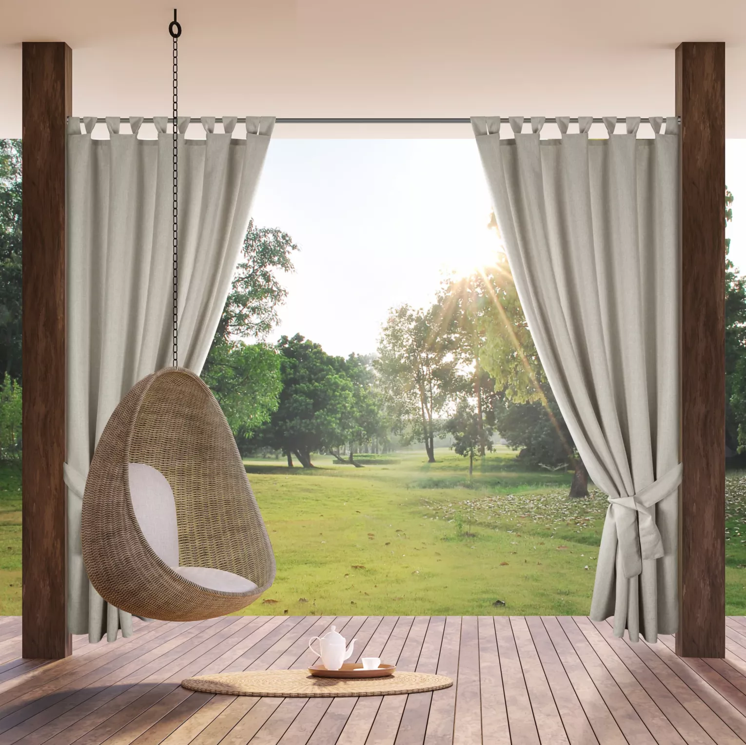 Zasłona beżowa z wodoodpornej tkaniny idealna do ogrodu i na taras 155x220 cm szelki/rzep GARDEN Eurofirany