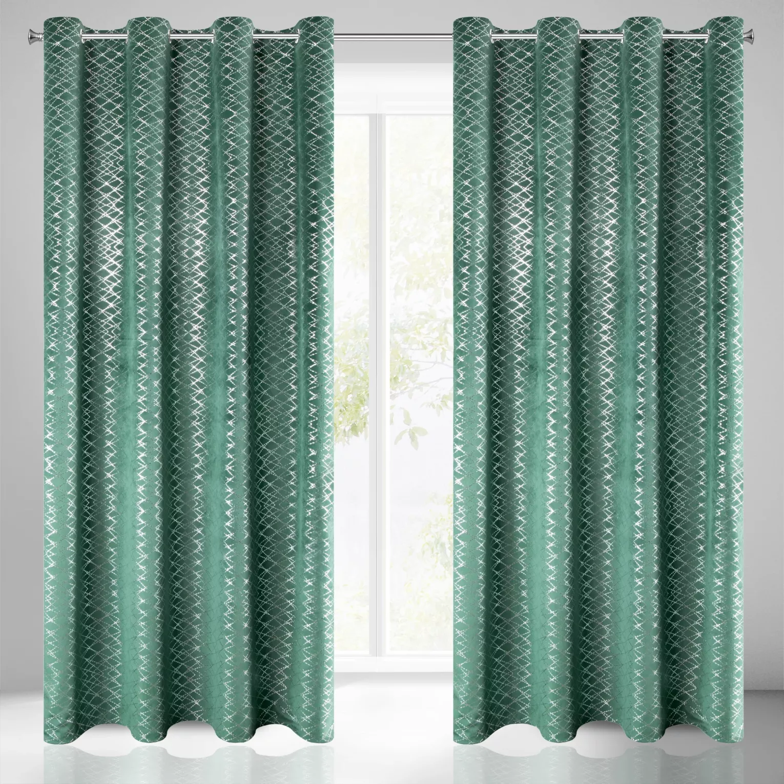 Zasłona zielono, srebrna z tkaniny welwetowej 140x250 cm przelotka MOLY Design 91