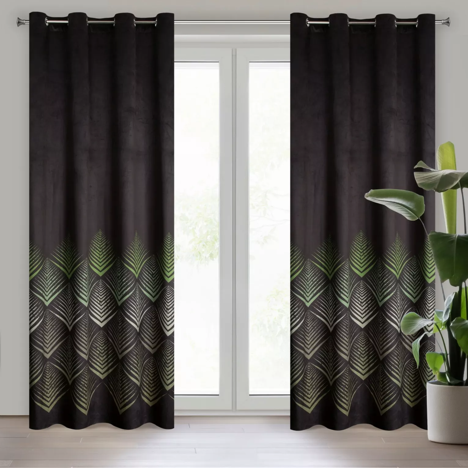 Zasłona czarno, oliwkowa z wzorem geometrycznym z tkaniny welwetowej 140x250 cm przelotka ANGELINA Eurofirany