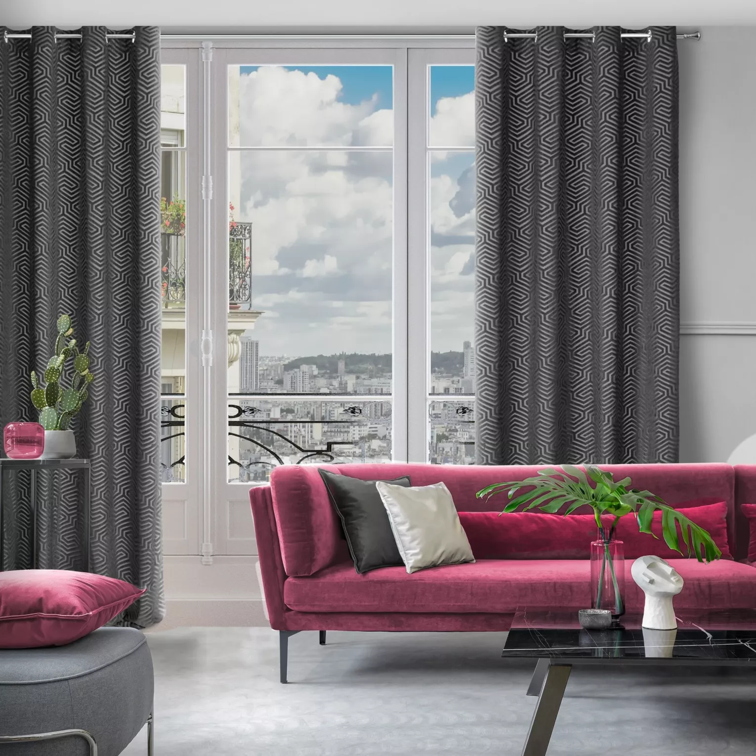 Zasłona czarna we wzór geometryczny z tkaniny welwetowej 140x250 przelotka INGA Pierre Cardin Eurofirany