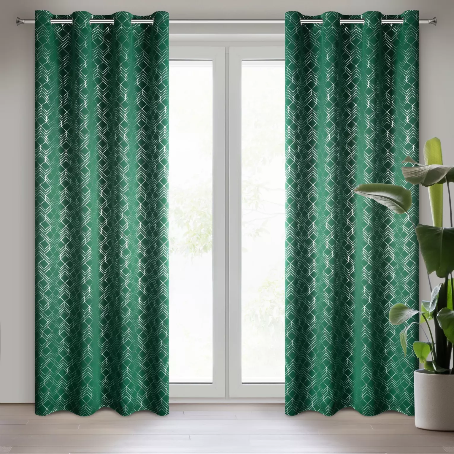 Zasłona zielono, srebrna zaciemniająca ze wzorem geometrycznym 140x250 przelotka POLI Design 91 Eurofirany