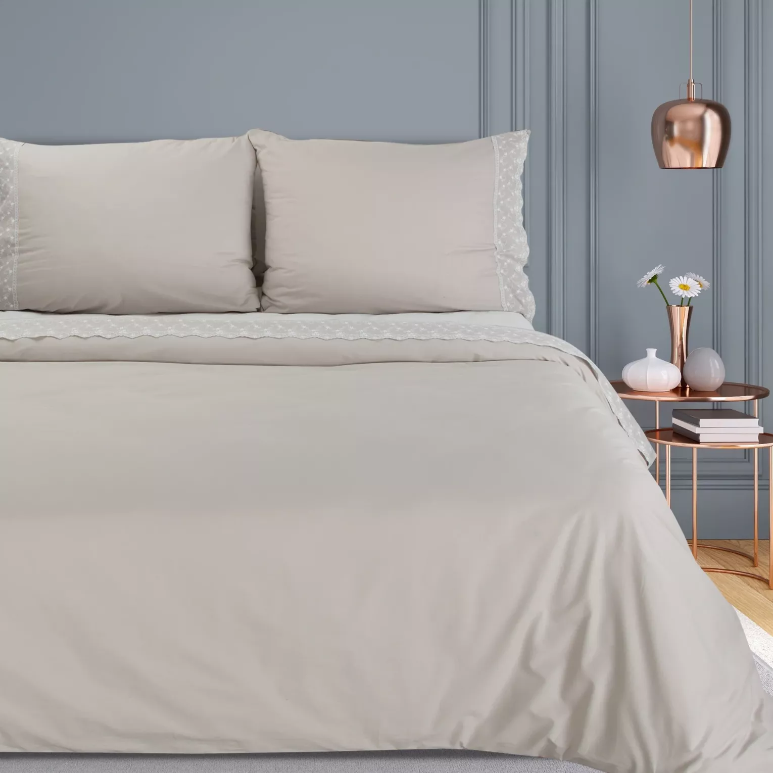 Pościel bawełniana 160x200 cm komplet 3 częściowy kolor beżowy z elegancką koronką Reina Line Eurofirany