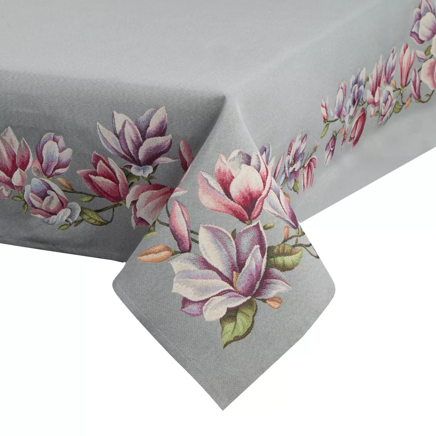 Obrus popielato, różowy 140x180 cm gobelinowy zdobiony motywem kwiatów magnolii