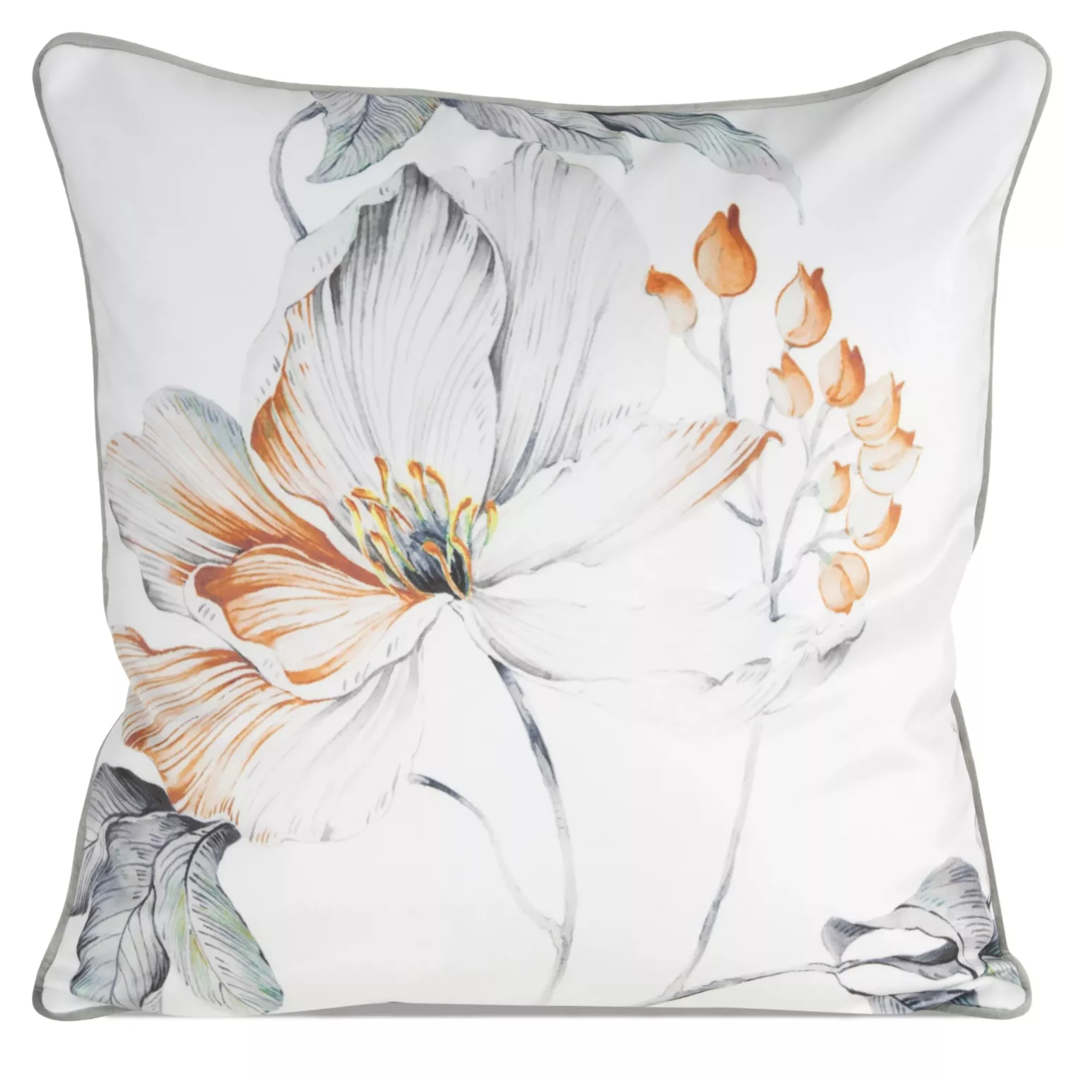 Poszewka na poduszkę dwustronna 60x60 cm welwetowa z motywem roślinnym z wypustką na brzegach biało, pomarańczowa AMELIA EUROFIRANY PREMIUM