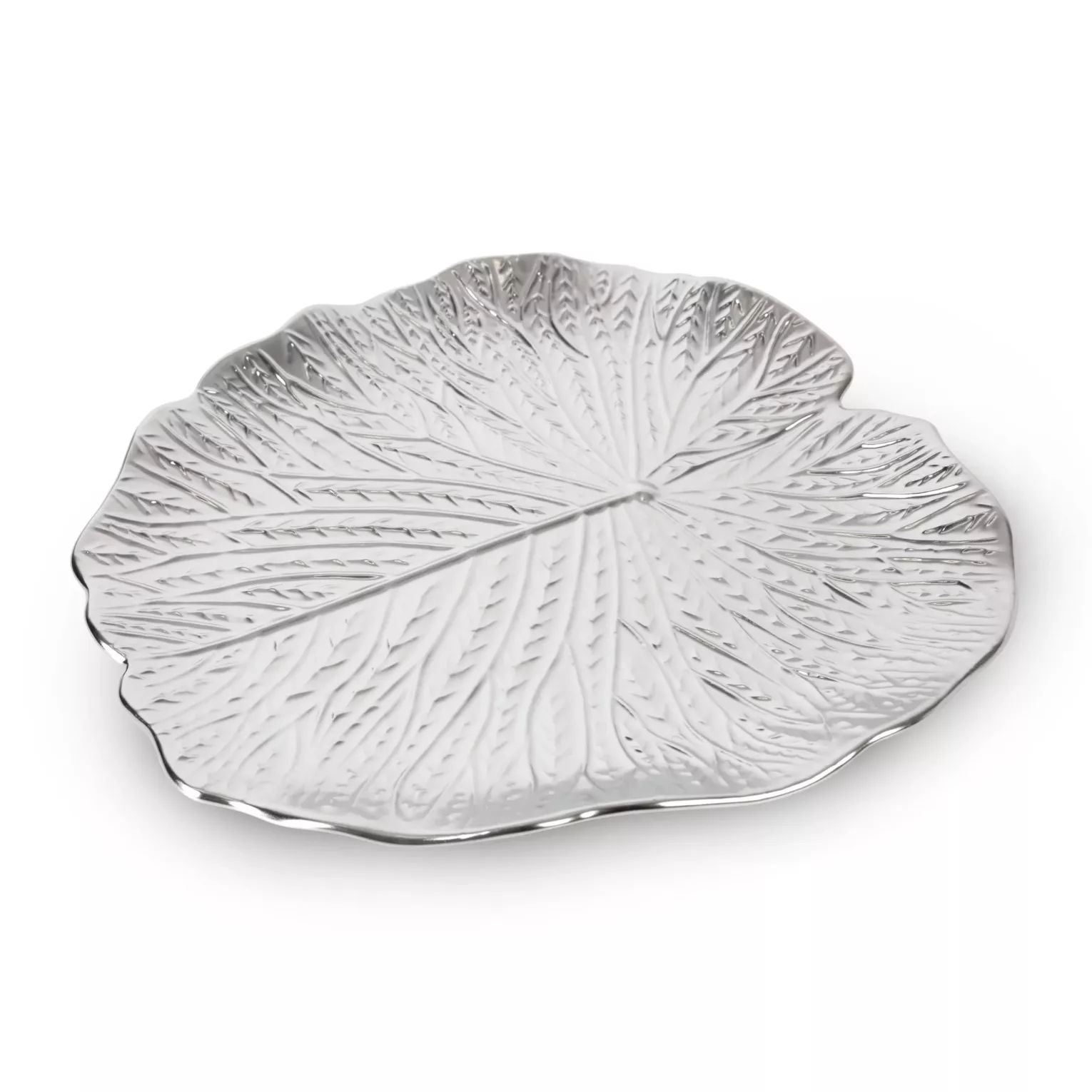 Patera ceramiczna dekoracyjna srebrna w formie liścia z wytłoczeniami średnica 33x2 cm KALINA Eurofirany