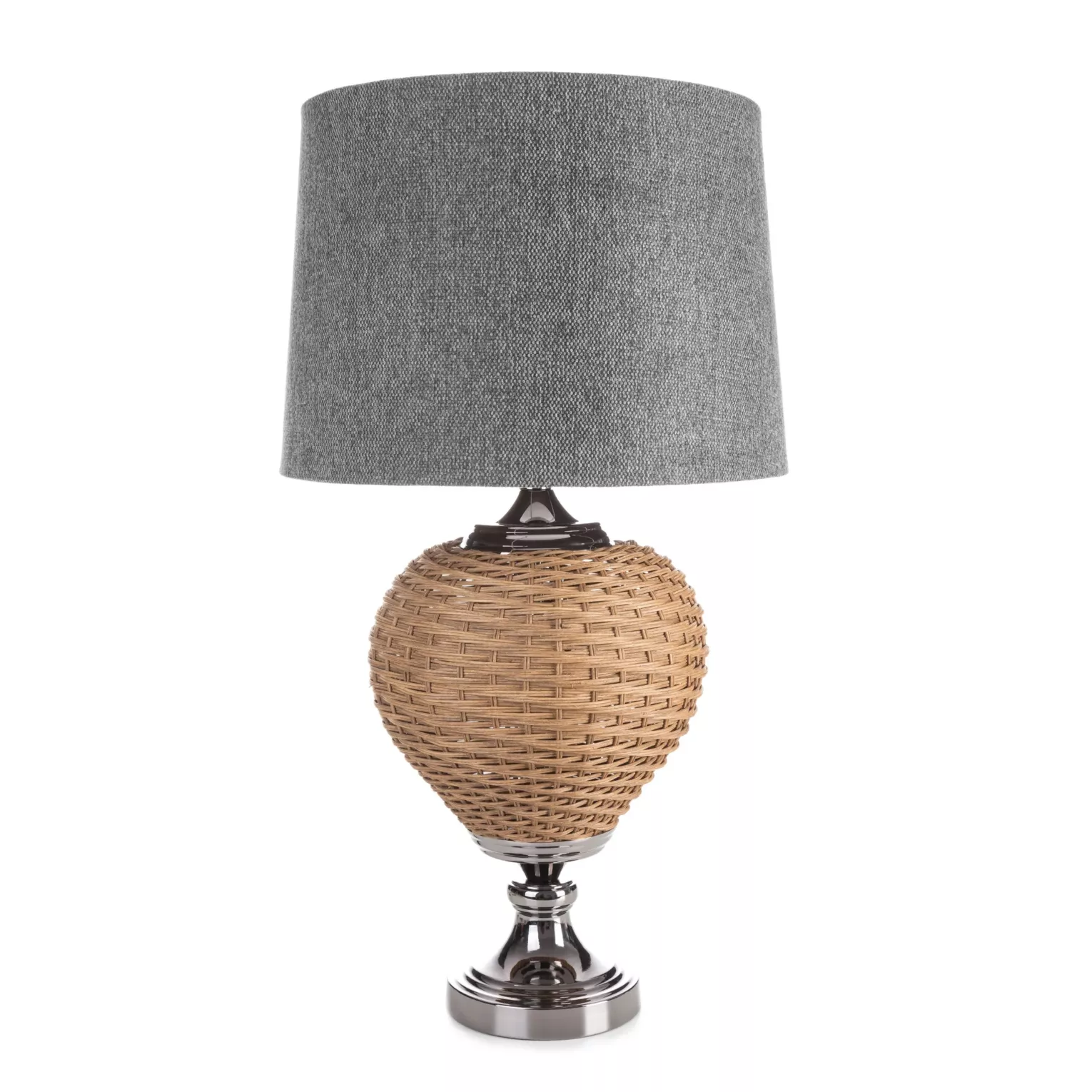 Lampa stołowa do pokoju stalowo, beżowa PATI w stylu boho z plecioną podstawą i matowym abażurem Eurofirany