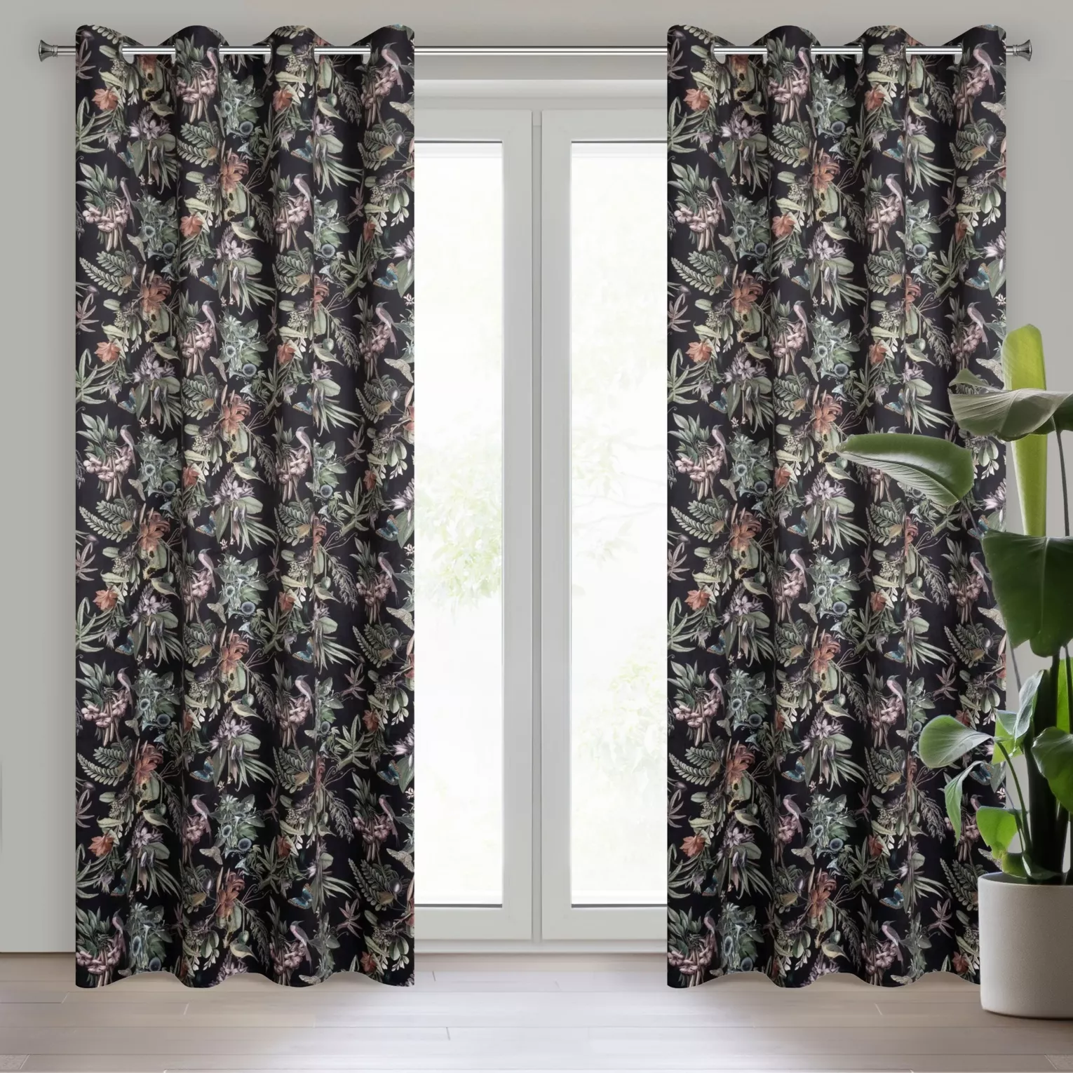 Zasłona czarno, zielona ze wzorem roślinnym z welwetu 140x250 cm przelotka BECKY Eurofirany