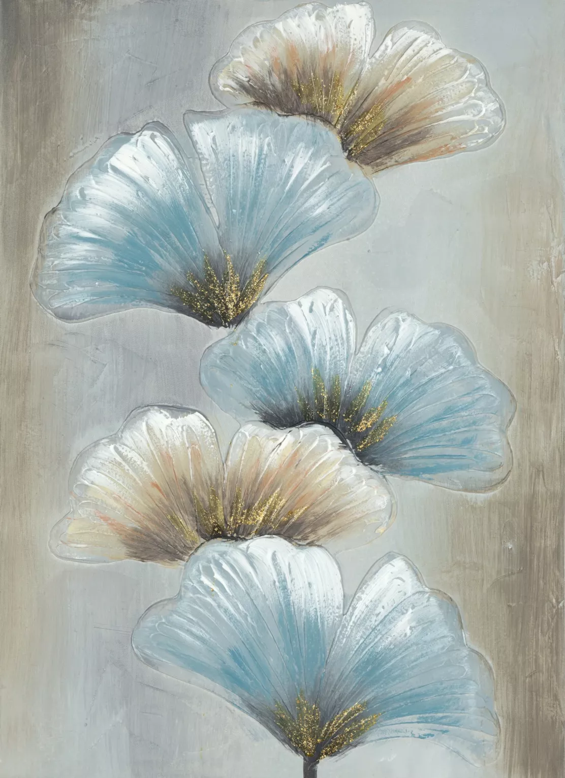 Obraz roślinny beżowo, niebieski ręcznie malowany na płótnie liście miłorzębu 50x70 cm GINKO 1  Eurofirany