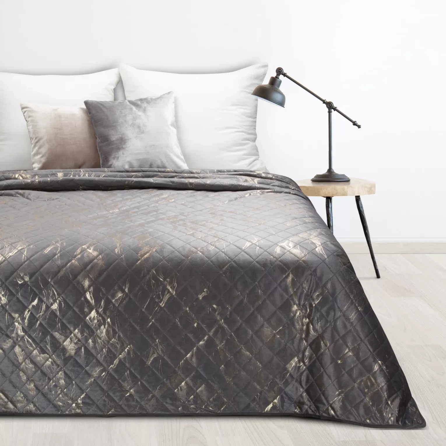 Narzuta welwetowa stalowo, złota 200x220 cm z welwetu zdobiona wzorem marmuru LUIZ 6 DESIGN 91 Eurofirany