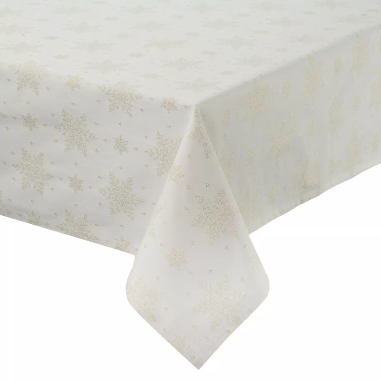 Obrus naturalny 135x180 cm z żakardowej tkaniny FLASH świąteczny z motywem śnieżynek przetykany złotą nicią