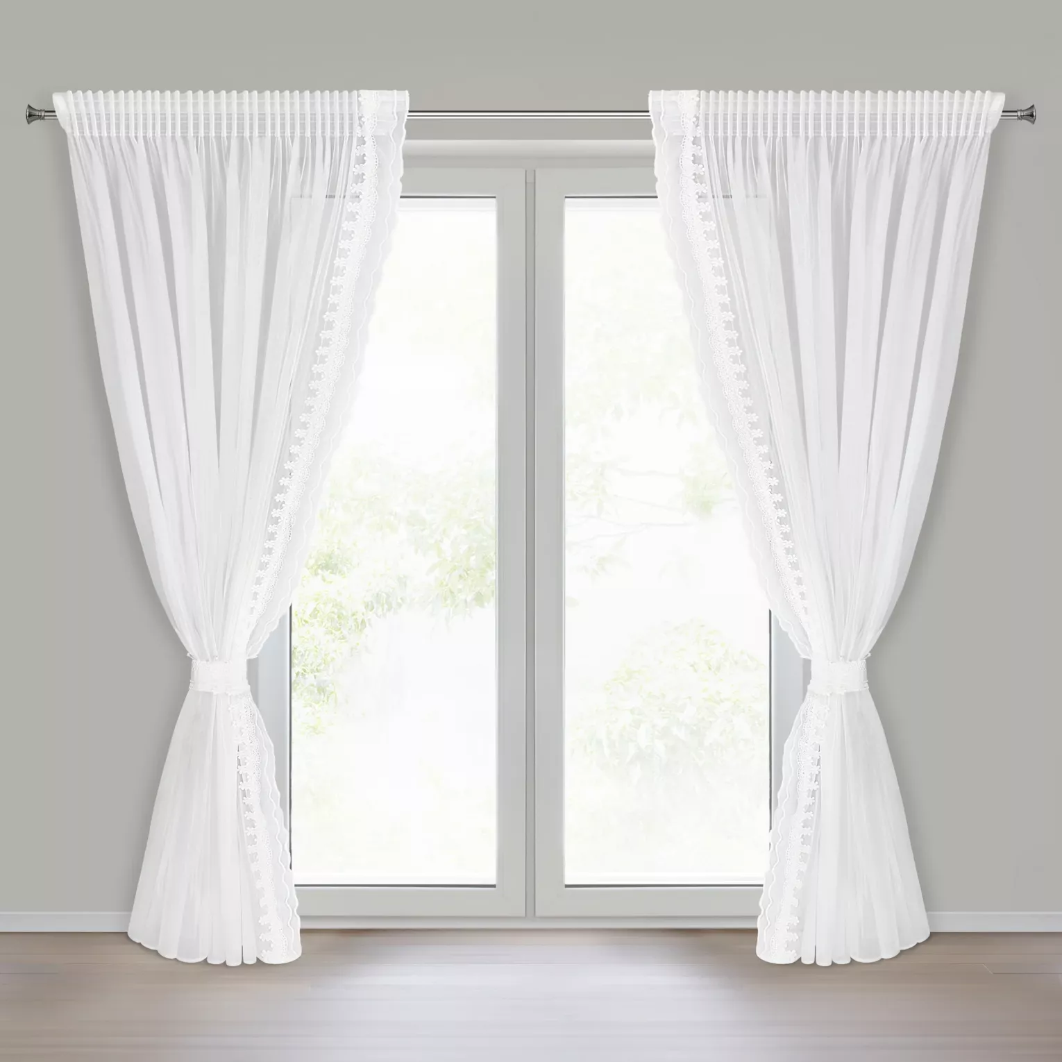 Komplet białych firan 2 szt zdobionych koronką z perełkami, troczek w zestawie 140x270 cm taśma LARISA Eurofirany