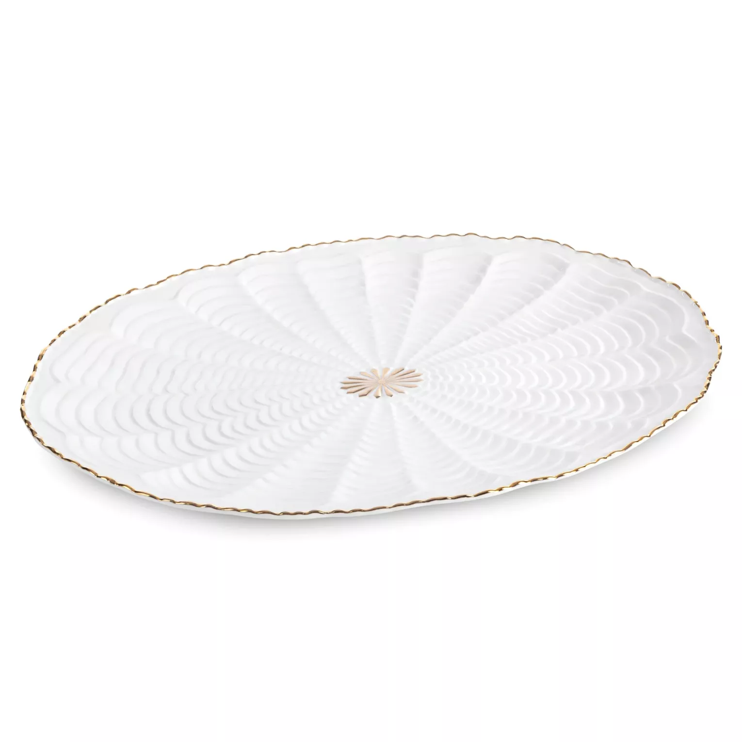 Patera ceramiczna dekoracyjna kremowo-złota z wypukłym wzorem i złotymi akcentami 41x28x3 cm GAIA Eurofirany