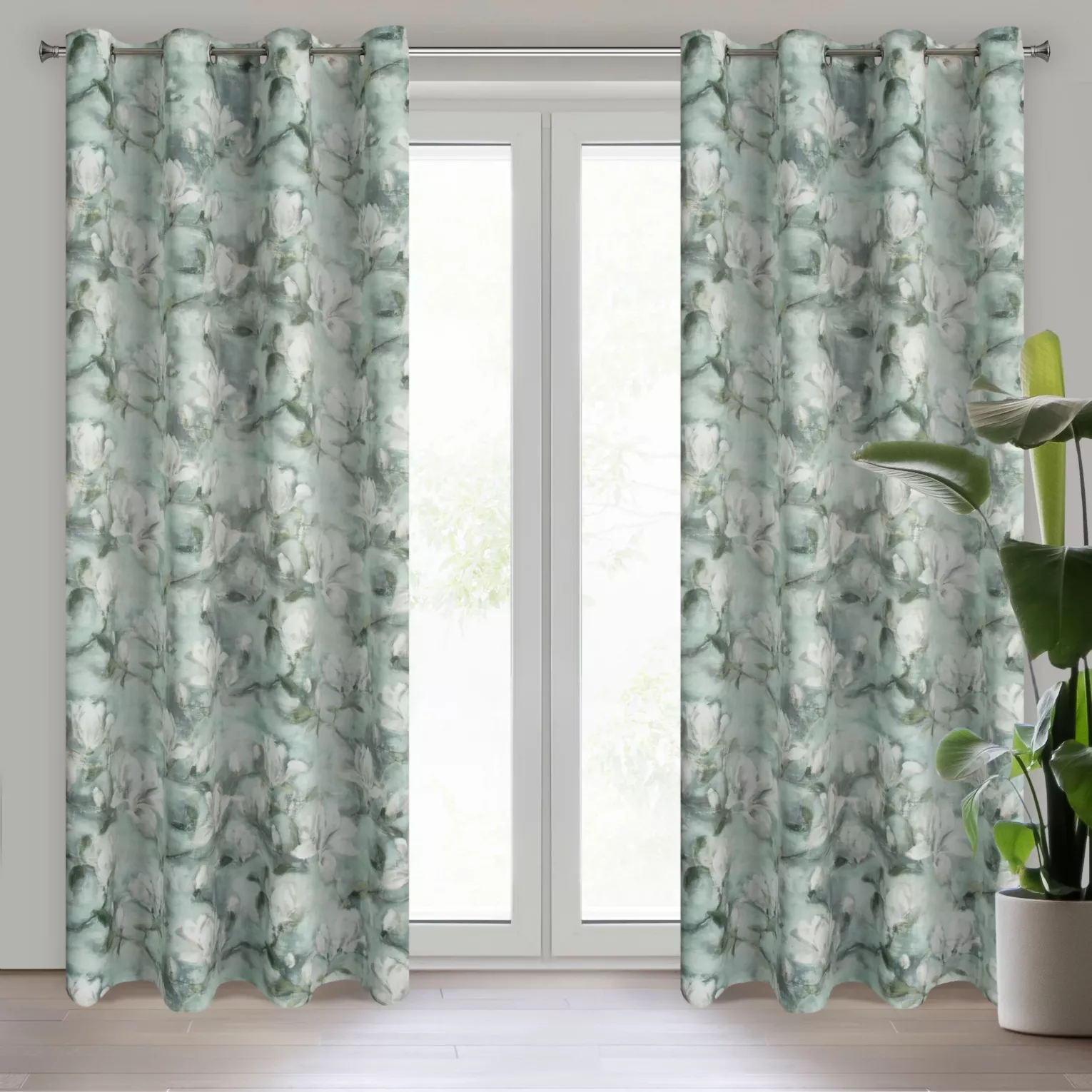 Zasłona miętowo, kremowa z motywem malowanych magnolii 140x250 cm przelotka GRACJA Eurofirany