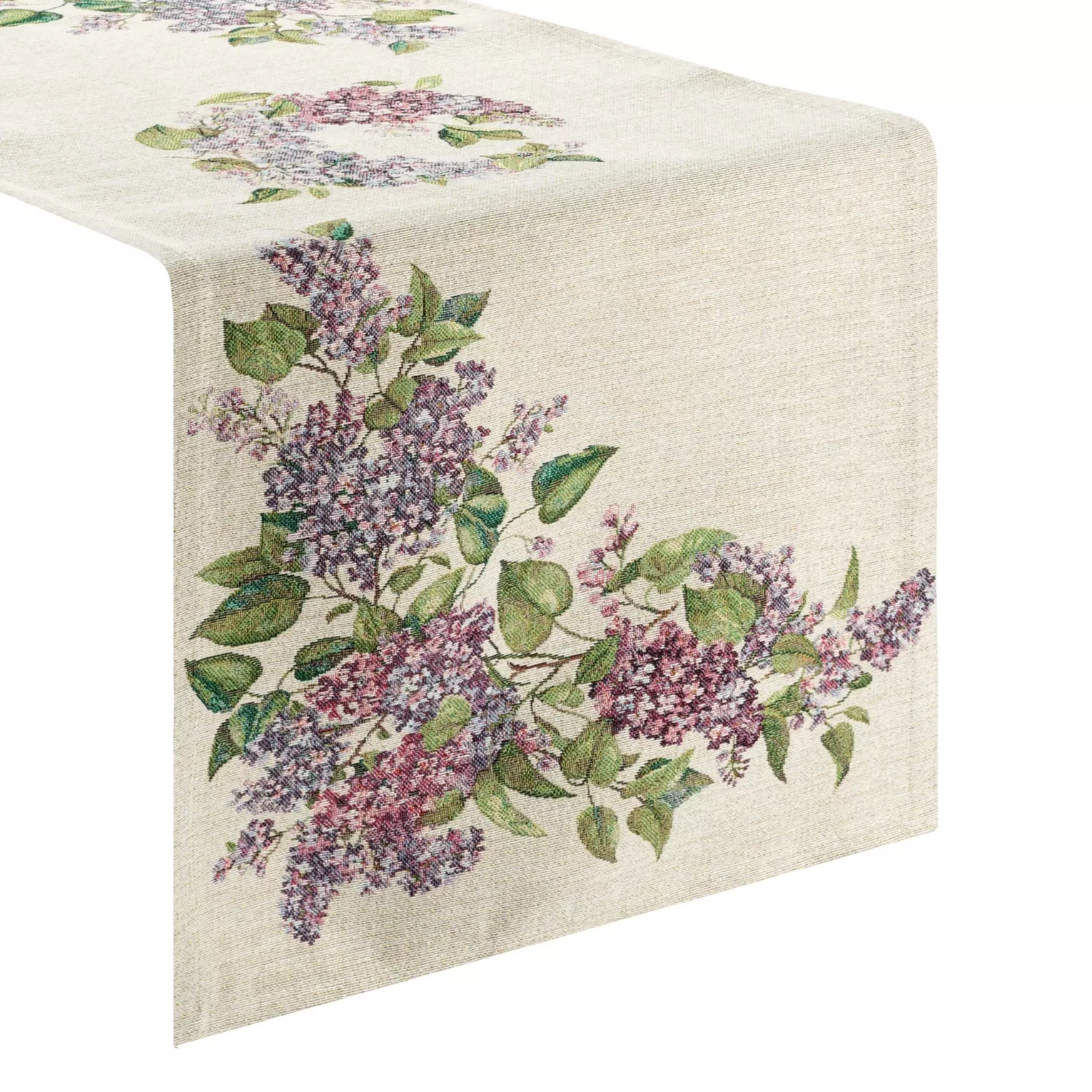 Obrus na stół naturalno, fioletowy 40x100 cm gobelinowy zdobiony motywem bzu Eurofirany