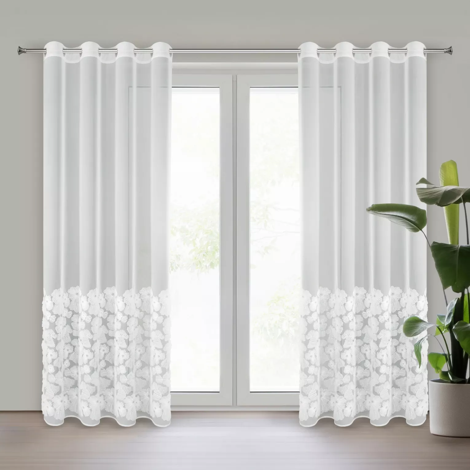Firana biała z siateczki zdobiona kwiatami z dodatkiem drobnych perełek 3D 140x250 cm przelotka - JASMIN 2 Eva Minge Eurofirany