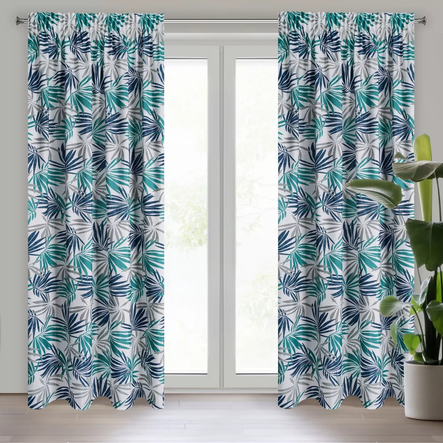 Zasłona biało, turkusowa we wzór liści 140x270 taśma ELINA Design 91