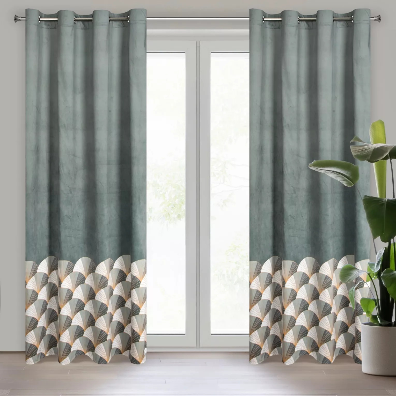 Zasłona stalowo, jasnoszara ze złotym wzorem z tkaniny welwetowej 140x250 przelotka GINA Design 91