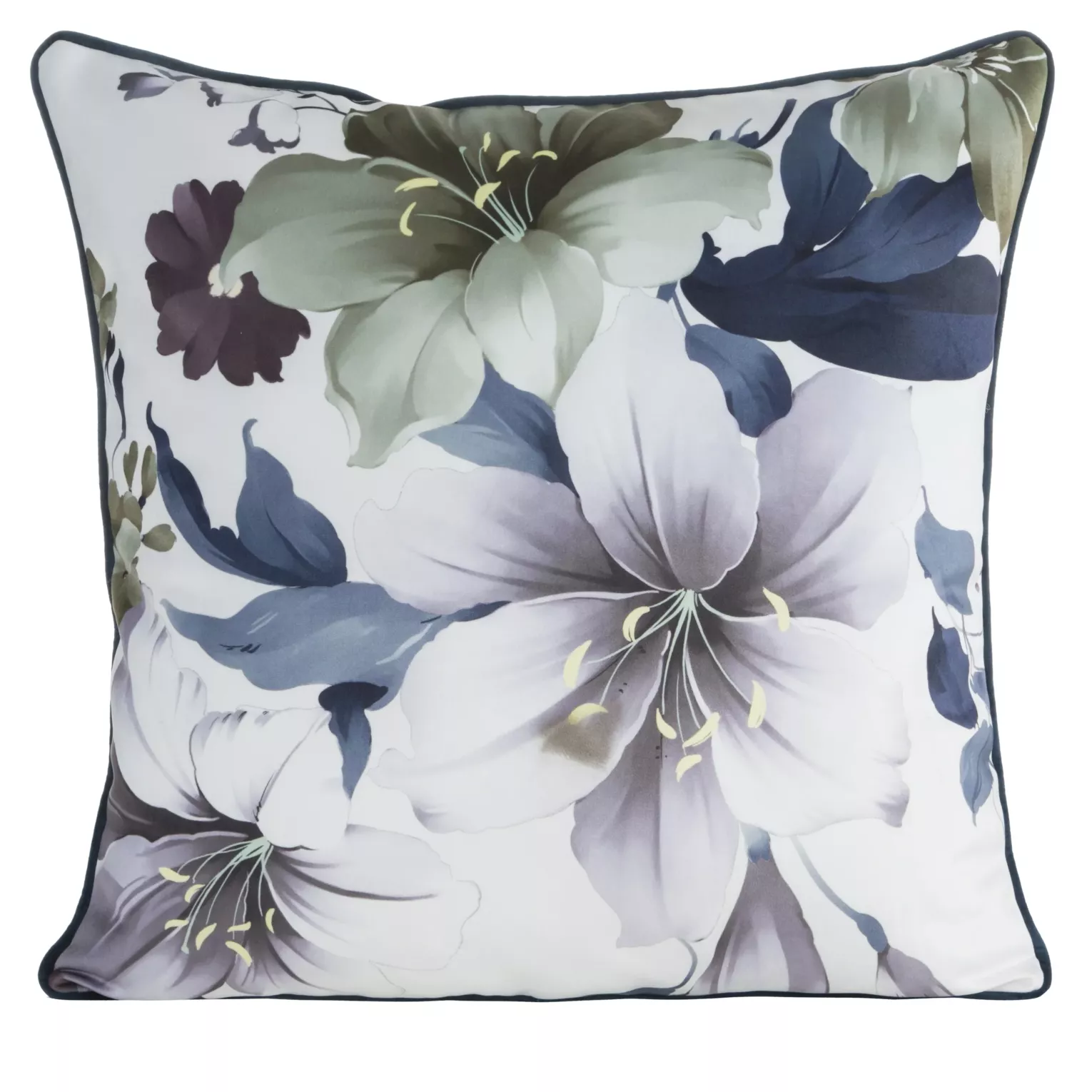 Poszewka na poduszkędwustronna 60x60 cm welwetowa z motywem roślinnym z wypustką na brzegach biało, fioletowa SOFIA EUROFIRANY PREMIUM