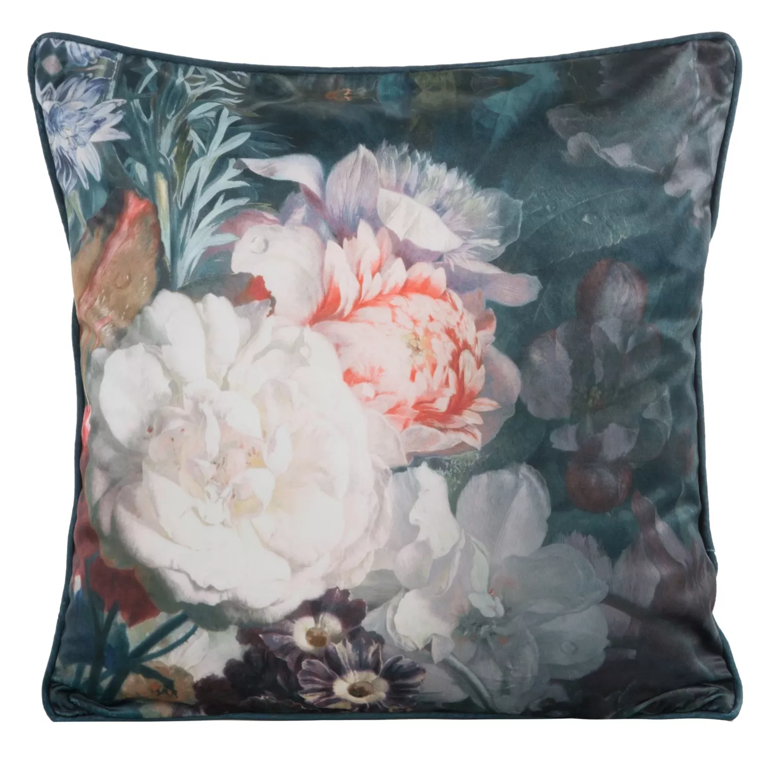 Poszewka na poduszkę 45x45 cm welwetowa zdobiona nadrukiem kwiatów i elegancką lamówką na brzegach kremowa VELVET 111 Eurofirany