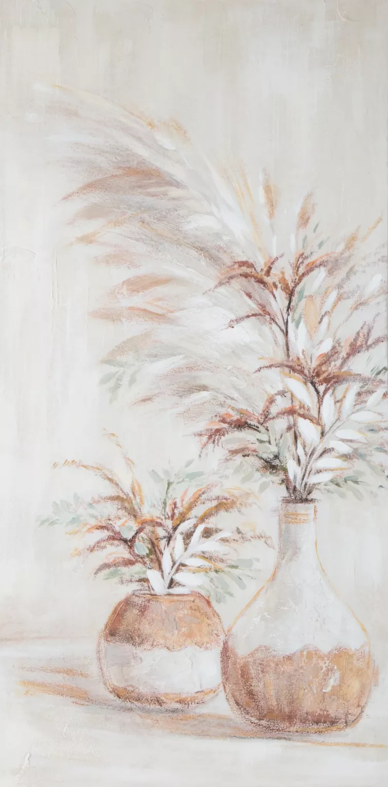 Obraz roślinny beżowo, zielony ręcznie malowany na płótnie, bukiety z trawą pampasową 60x120 cm KITTY 2  Eurofirany