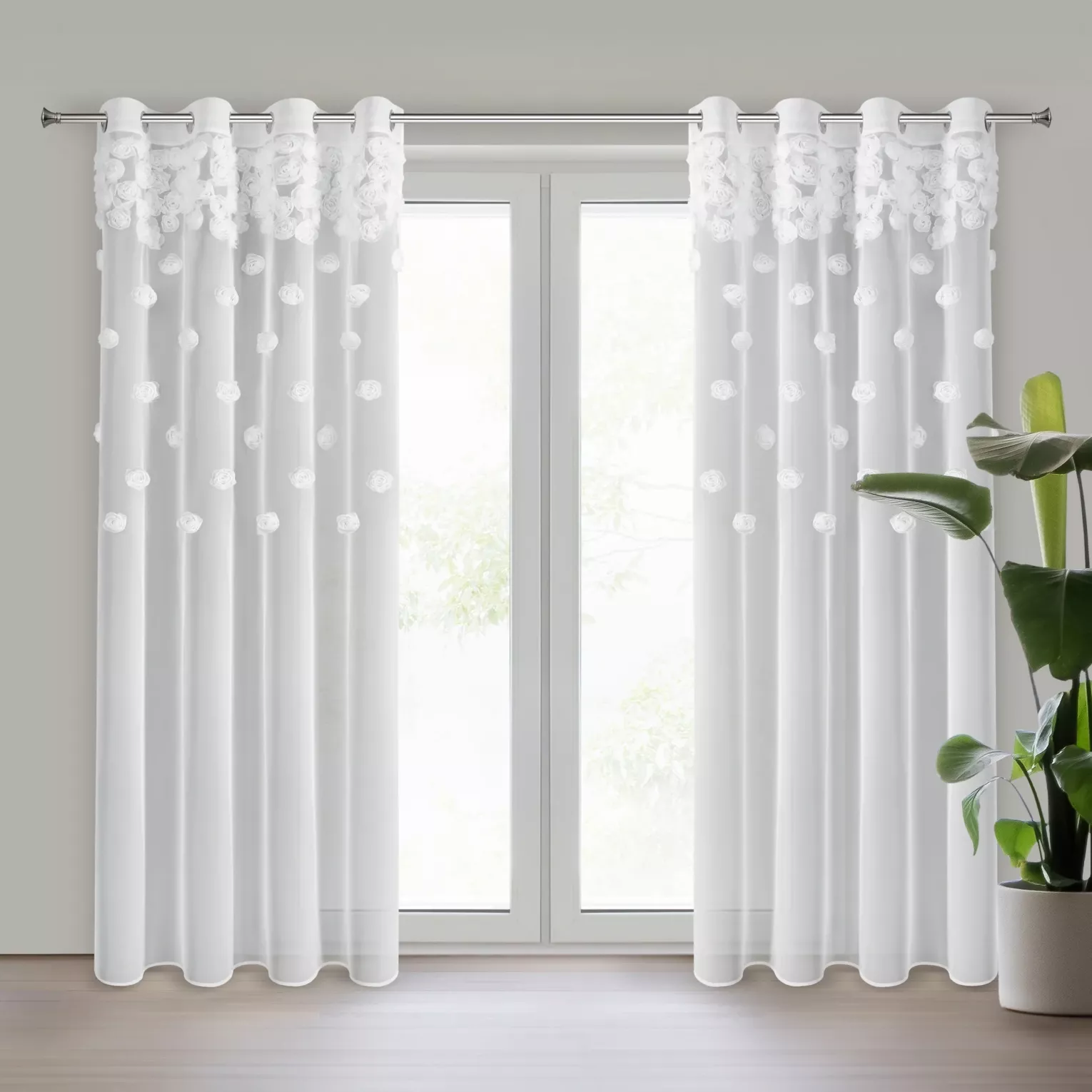 Firana biała z siateczki zdobiona różami 3D 140x250 cm przelotka - DIANA Eurofirany