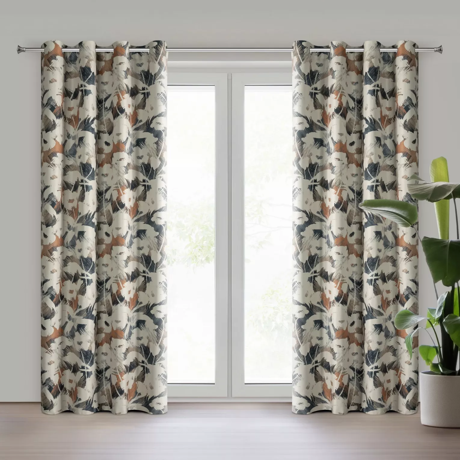 Zasłona beżowo, granatowa z motywem roślinnym 140x250 cm przelotki - AMBRA Eurofirany