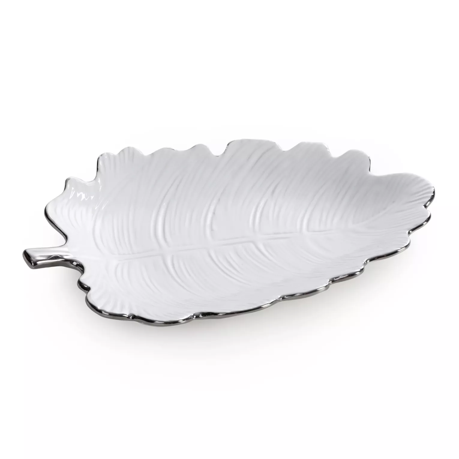 Patera ceramiczna dekoracyjna biało-srebrna w kształcie liścia 26x18x4 cm ALMA 2 Eurofirany