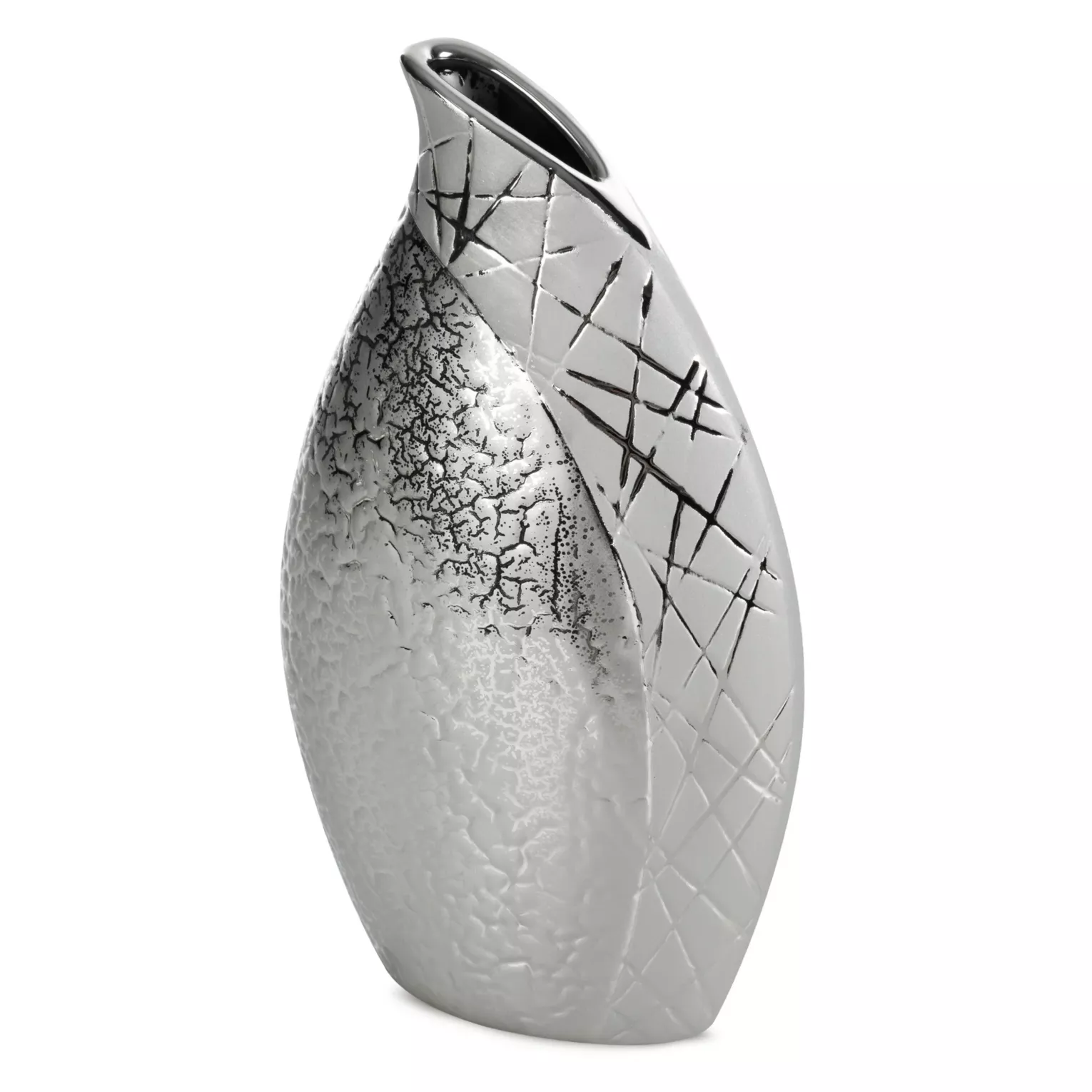Wazon ceramiczny srebrny łączący strukturalną powierzchnie z lśniącym wzorem 15x8x26 cm ALIRA Eurofirany